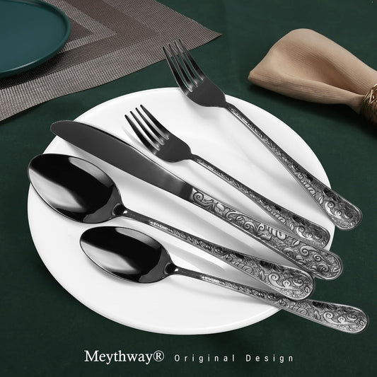Meythway 40-Piece Vintage Carved Gold Silverware Set for 8, Stainless Steel Flatware Set with Knife/Fork/Spoon, Cutlery Set for Home and Kitchen, Utensil Set with Dishwasher Safe