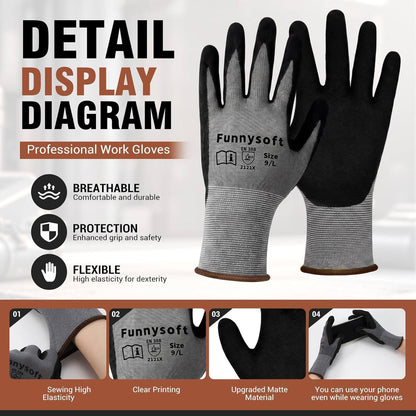 16 Pairs Work Gloves MicroFoam Nitrile Coated Seamless Knit Nylon, Palm & Fingers Cut-Resistant, Warehouse Gloves for Auto Garden Mechanics Outdoor Construction (Brown Cuff,XL)