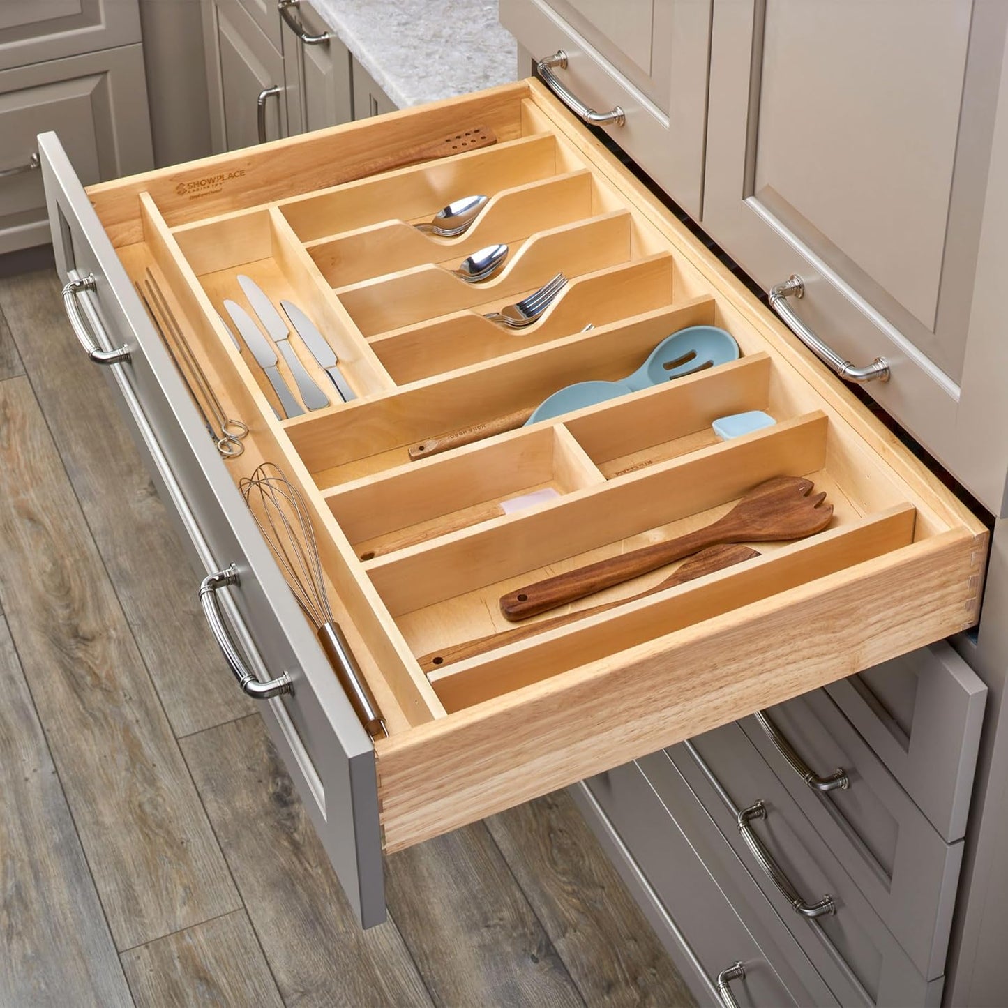 Rev-A-Shelf Trim-to-Custom-Fit Silverware Drawer Organizer For Kitchen Utensils, Cutlery Cabinet Storage Divider Insert, 33.11" x 21.97", Maple Wood, 4WUTCT-36SH-1