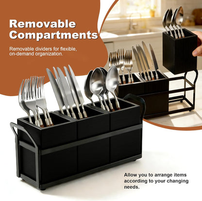 Kitchen Utensil Holder for Countertop, 3 Compartments Wooden Utensils Organizer for Cooking Utensils, Silverware, Spatula, Fork, Knife, Cutlery Storage for Kitchen Counter-White