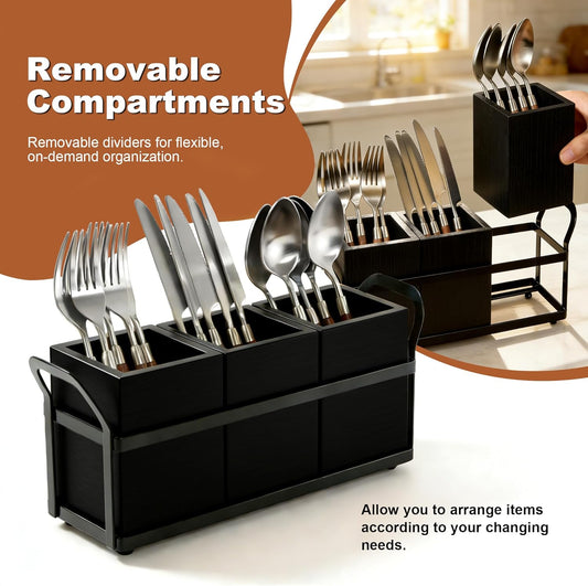 Kitchen Utensil Holder for Countertop, 3 Compartments Wooden Utensils Organizer for Cooking Utensils, Silverware, Spatula, Fork, Knife, Cutlery Storage for Kitchen Counter-White
