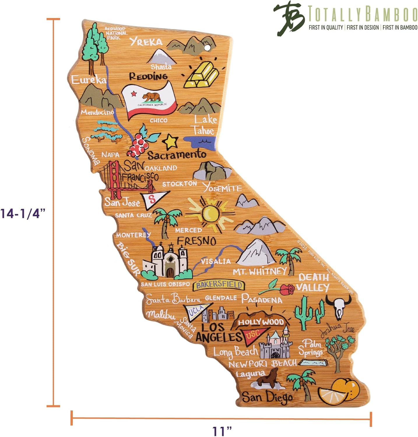 Totally Bamboo Tennessee State Shaped Cutting Board and Charcuterie Serving Platter with Artwork by Fish Kiss, Includes Hang Tie for Wall Display - Colors A
