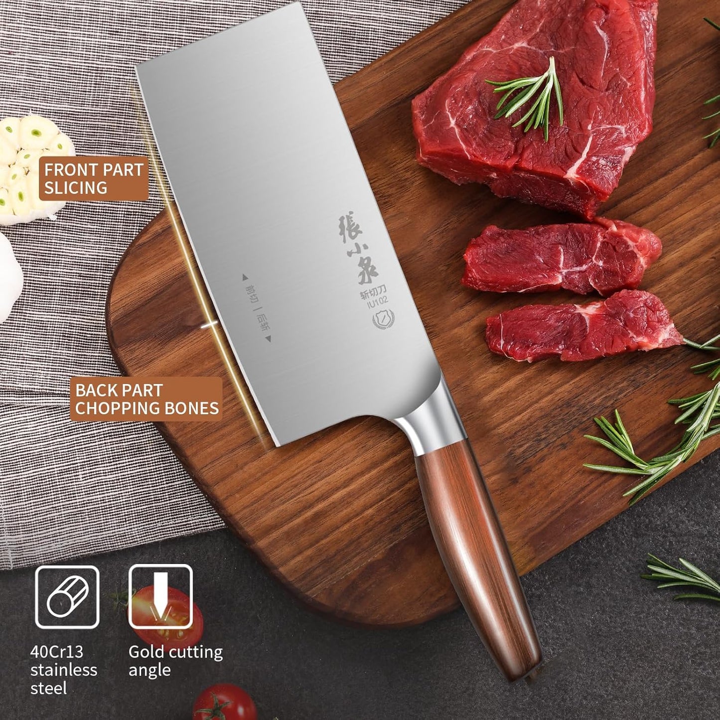 ZHANG XIAO QUAN SINCE 1628 7.3” Meat Cleaver Butcher Knife, Chinese Vegetable Chopper Slicing Knife, Professional Chef Knife with Wood Handle and High Carbon Stainless Steel Sharp Blade