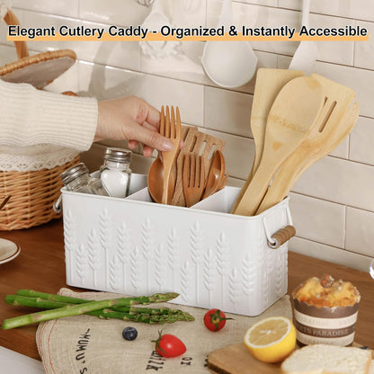 Silverware Caddy for Party Kitchen Flatware Holder for Countertop Metal White Honeycomb Pattern Embossed Cutlery Organizer with 3 Compartments for Utensils, Spoons, Knives, Forks, Cups,
