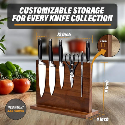 Wooden Magnetic Knife Holder - Dual - Sided Stand with Enhanced Magnets for Multifunctional Kitchen Knife Storage - Stylish, Durable, and Strong (Knives Not Included) - 12" x 9" - 3.48 lbs
