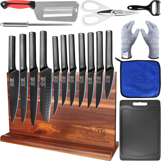 XYJ Authentic Since 1986,Kitchen Knife Block Set,11Pcs Knives with Magnetic Knife Block, Sharpener Rod, Scissors, Gloves, Paring Boning Steak Slicing Santoku Chef Knives,Ergonomic Handle