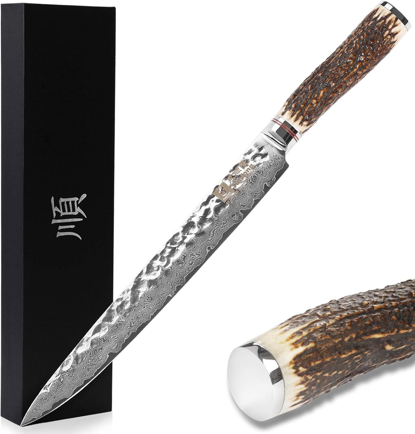 SUNLONG Usuba & Nakiri Knife 6.5 inch Fruit and Vegetable Knife Japanese Hammered Damascus Steel Super sharp - Natural Deer Horn Handle