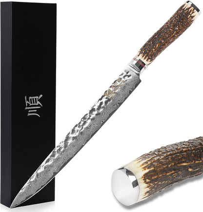SUNLONG Usuba & Nakiri Knife 6.5 inch Fruit and Vegetable Knife Japanese Hammered Damascus Steel Super sharp - Natural Deer Horn Handle