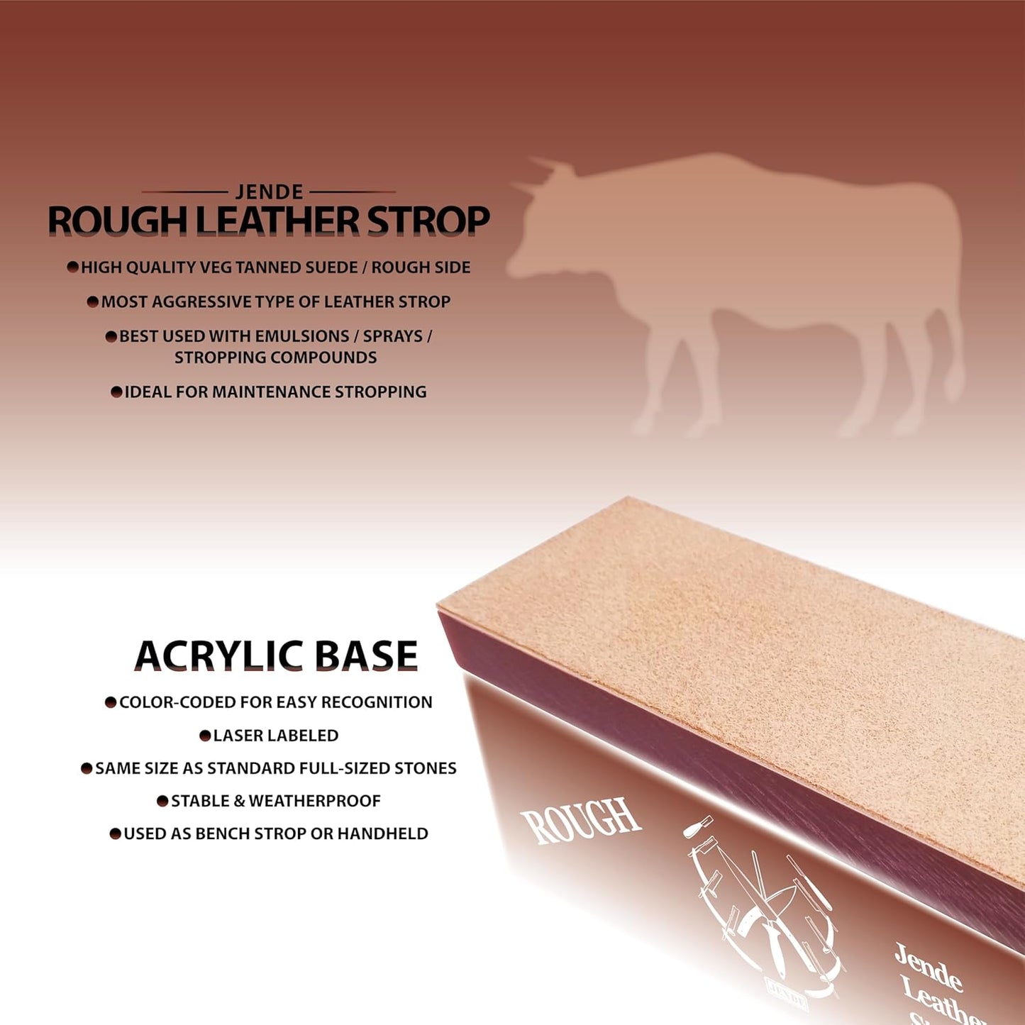Jende 210x70mm Rough Cow Leather Knife Strop-Mounted to 3/4" Acrylic Base-For Razor and Knife Stropping