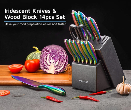 WELLSTAR Rainbow Knife Set - 7-Piece Iridescent German High-Carbon Stainless Steel Kitchen Knives with Universal Knife Block, Colorful Kitchen Cutlery for Cooking and Food Prep