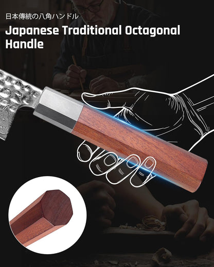YOTSUBA 3PCS Japanese Damascus Chef Knife Set – Ultra Sharp Hand-Forged High Carbon Steel Blades with 100% Genuine Natural Hardwood Handles, Professional Kitchen Knives for Chopping Meat & Vegetables