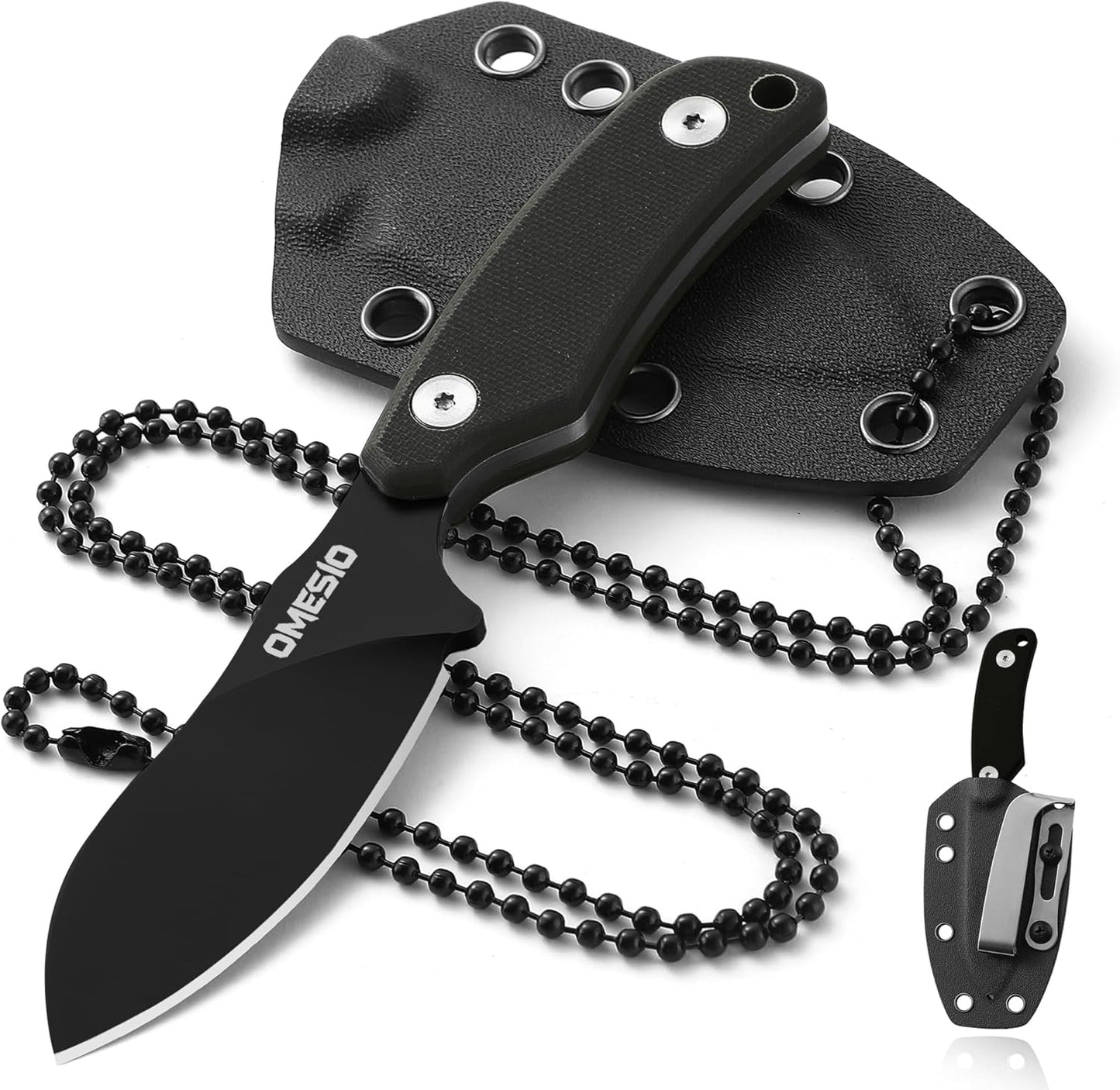 Omesio Neck Knife, Full Tang EDC Knife Necklace for Men, 5.82" Fixed Blade with Kydex SHeath and Clip, Nessmuk Blade Small D2 Steel G10 Handle for Outdoor, Survival, Camping