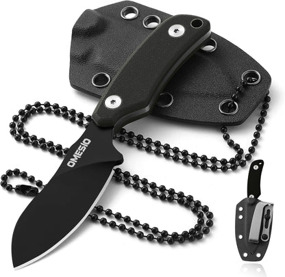 Omesio Neck Knife, Full Tang EDC Knife Necklace for Men, 5.82" Fixed Blade with Kydex SHeath and Clip, Nessmuk Blade Small D2 Steel G10 Handle for Outdoor, Survival, Camping