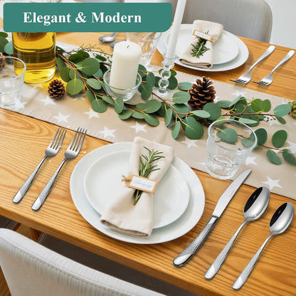 49-Piece Silverware Set with Bamboo Organizer for 8, Heavy-Duty Flatware Set with Steak Knives, Rust-Proof & Mirror Polished, Dishwasher Safe,Modern Hammered(organizer only for packaging)