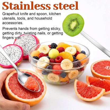 5PCS Grapefruit Spoons & 1 Knife - Stainless Steel Grapefruit Flatware with Serrated Edge, Curved Cutting Silverware Set for Fruit Kiwi Orange, Small Multi-Functional Spoons for Camping Kitchenware