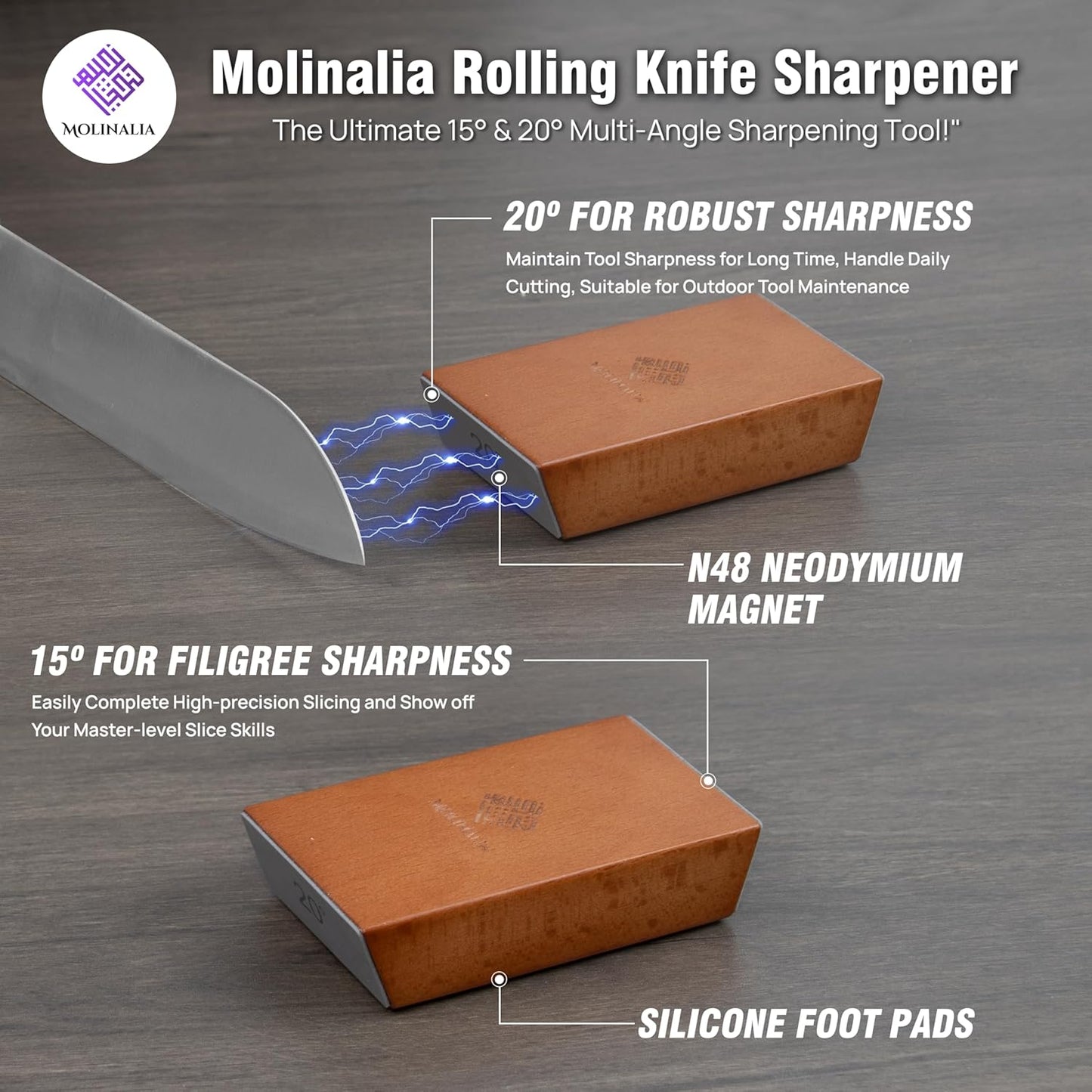 Rolling Knife Sharpener Kit for Kitchen - Multi Angle Tool with Magnetic Angle Guide (15°/20°) Diamond & Ceramic Discs, Knife Sharpening Kit having Finger Guard, Gloves & Travel Bag
