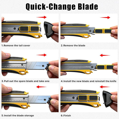 2-In-1 Safety Utility Knife 2 Pack Heavy Duty Retractable Box Cutter Set with 4 extra Wide 25mm Razor Sharp Blades for Cardboard, Boxes, DIY Crafts