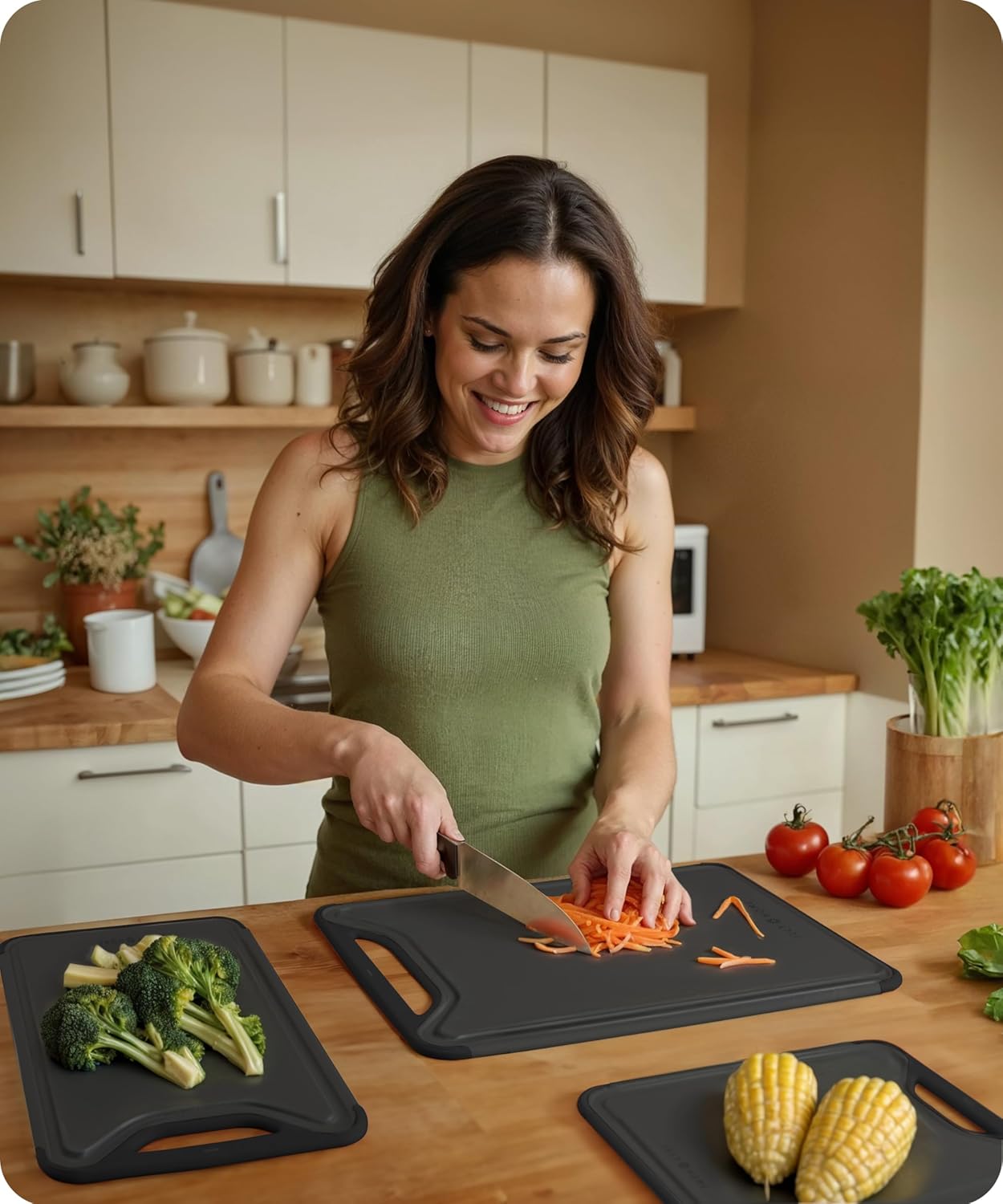Cutting Boards for Kitchen, Plastic Cutting Board Set of 3, Dishwasher Safe Cutting Boards with Juice Grooves for Meat, Veggies, Fruits, Easy Grip Handle, Serveware Accessories (Gray)