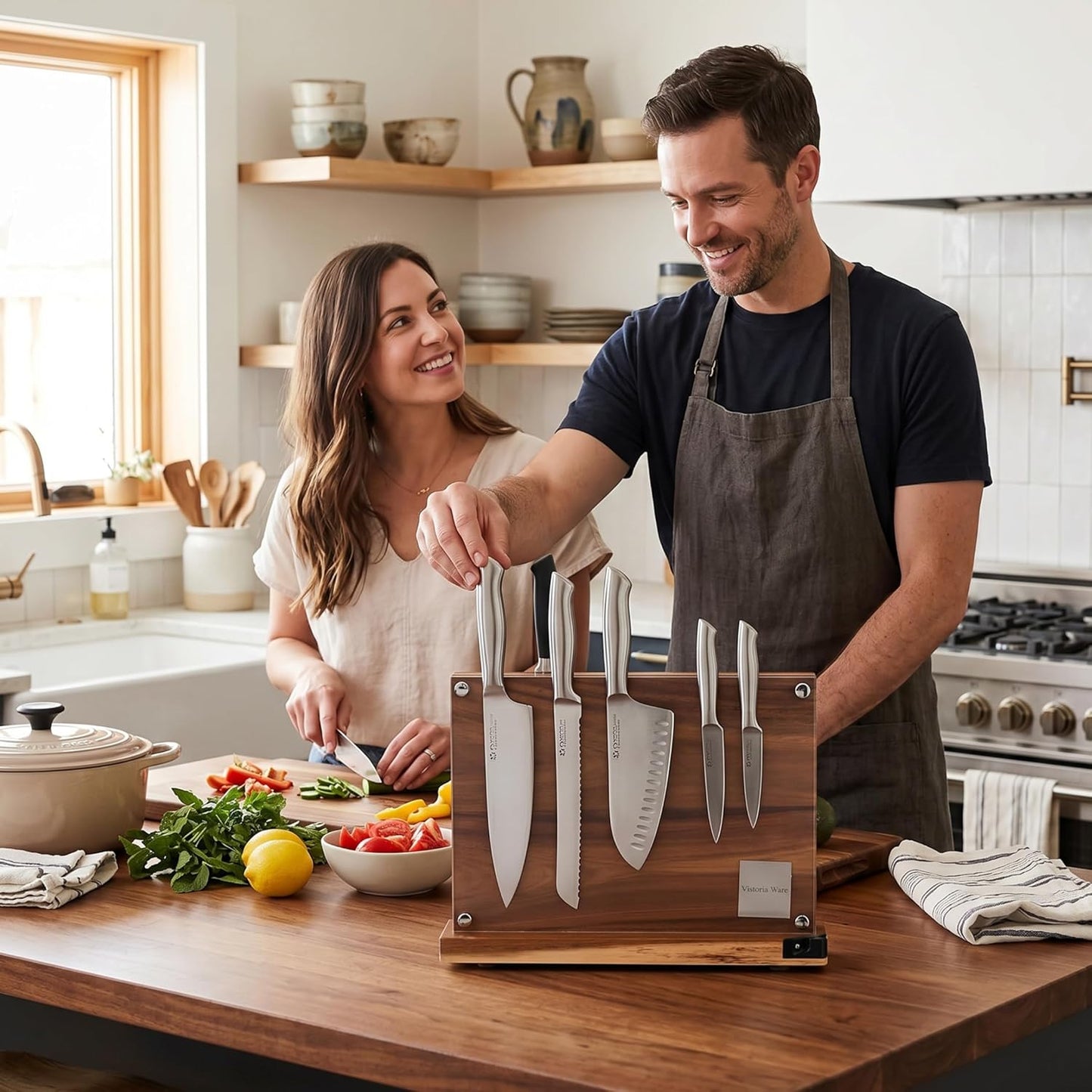 Magnetic Knife Block with Acrylic Shield, Double-Sided Acacia Wood Knife Holder for Kitchen Countertop, Strong Magnet Knife Organizer, Holds 10–12 Knives, Space Saving Storage