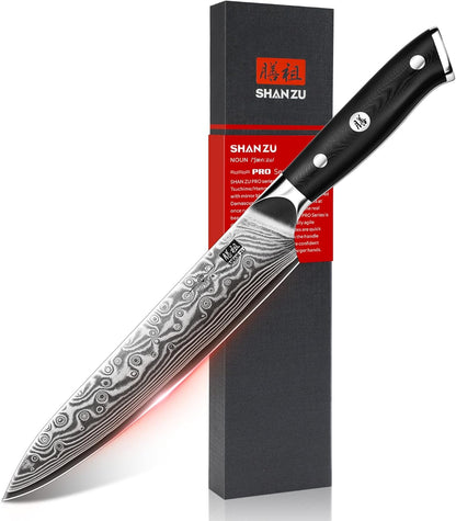 SHAN ZU Chef Knife 8 Inch Japanese Steel Damascus Kitchen Knife, Professional Kitchen Knives Sharp High Carbon Super Steel Kitchen Utility Knife