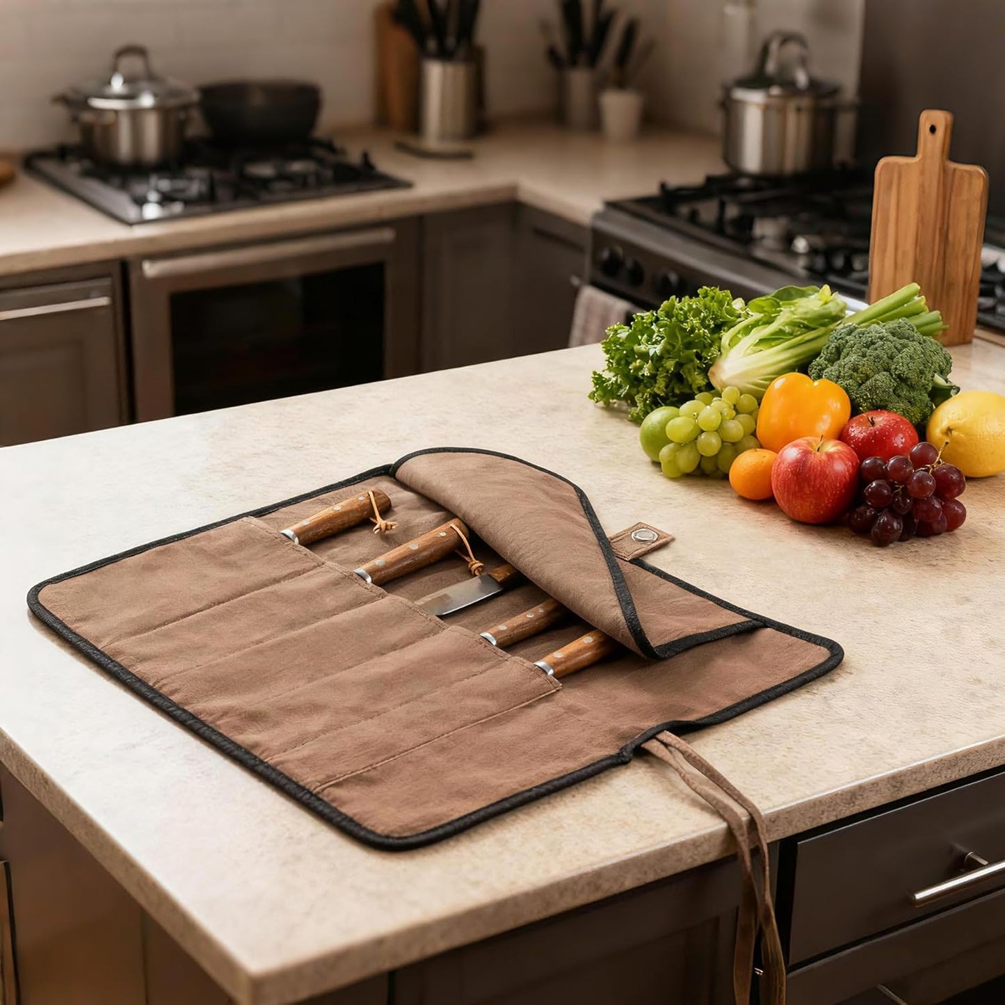 VRUIFA Chef’s Knife Roll Bag, Portable Canvas Cases, Chef Bag With 5 Slots Pockets Can Hold Kitchen Knife Tools Up To 15 Inch