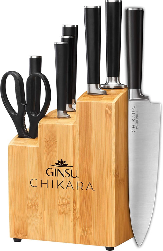 GINSU Chikara Series 12-Piece Japanese Kitchen Knife Set - Premium 420J Stainless Steel Cutlery Set with Bamboo Block, Perfect for Any Table or Dining Room, Includes Steak Knives – Black