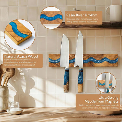 Magnetic Knife Holder, 15.7 Inch Walnut Wood and Resin Magnetic Knife Bar for Wall, Heavy Duty Magnet Holds 8 Knives, Handcrafted Ocean Blue (Ocean's Embrace)