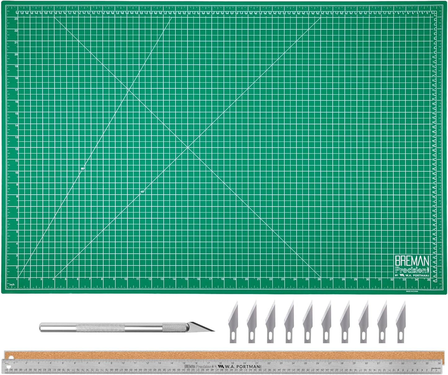 WA Portman 9x12 Inch Self Healing Cutting Mats for Crafts – Fabric Cutting Mat with Precision Craft Knife, 10#11 Hobby Knife Blades & Metal Ruler 12 Inch Cork Backed Ruler – All-in-One Craft Kit