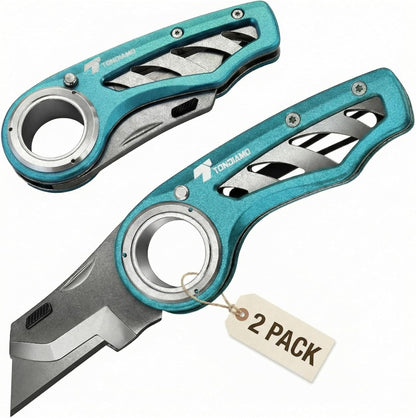 Tondiamo 4 Pcs Folding Pocket Utility Knife Heavy Duty Box Cutter Folding Razor Knife with Anti Slip Finger Loop Easy Change Blades 3 Lock Positions Design (Yellow,Red,Black,Green)