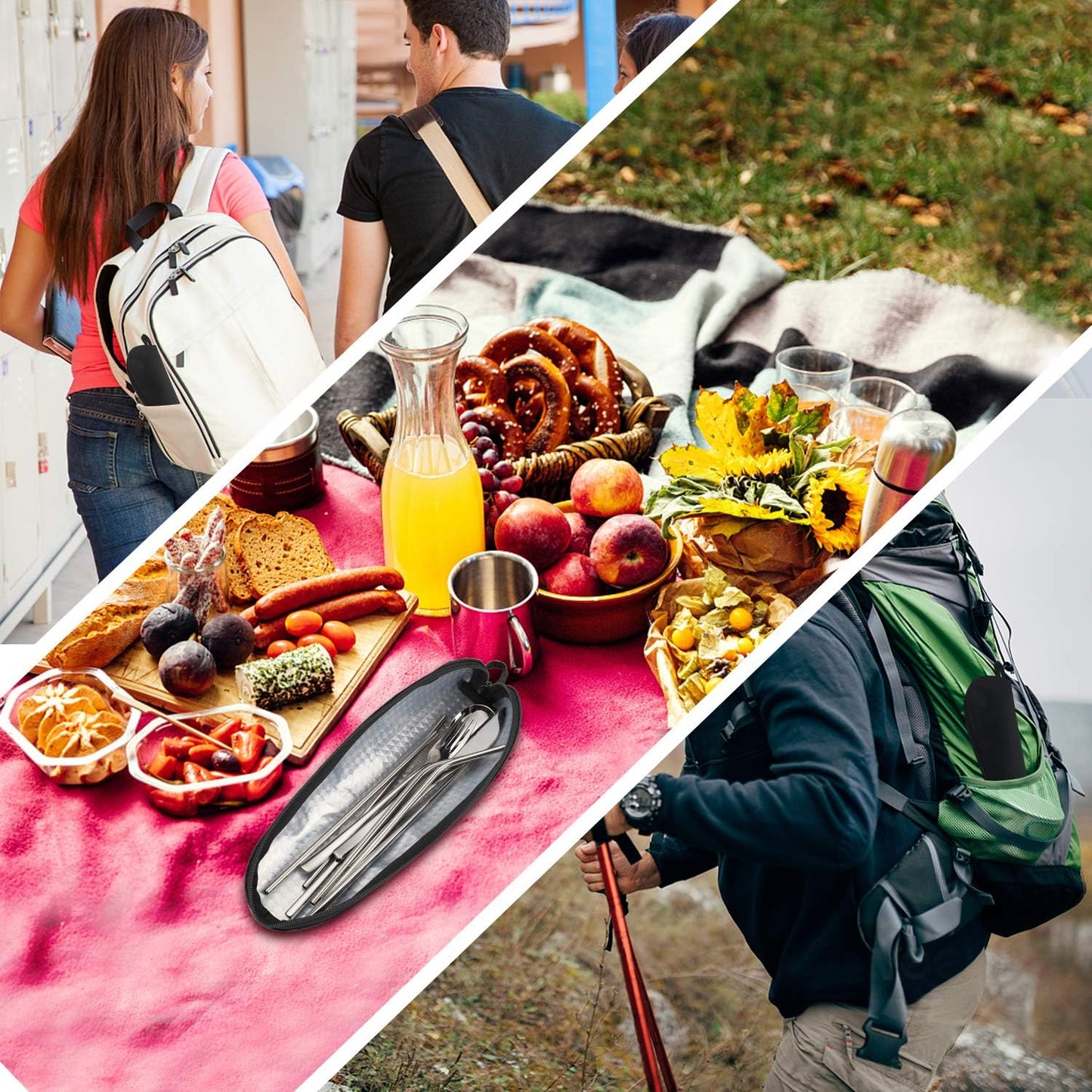 Travel Utensil Sets Carrying Case 2-pack Portable Cutlery Set Bag Reusable Silverware Set Stainless Steel Straws Pouch Chopsticks Knife Fork and Spoon Holder for Bento Lunch Box Black&Grey, Aosbos