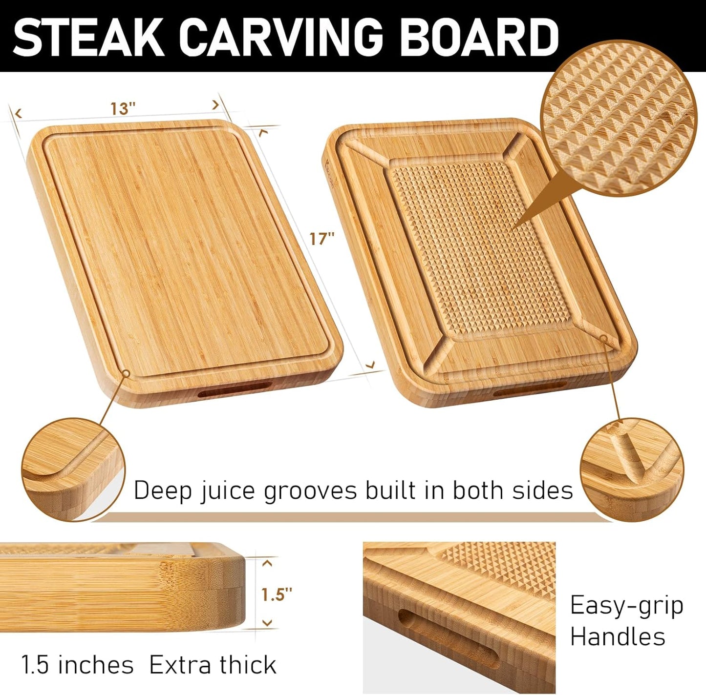 Turkey Carving Board, Heavy Duty Meat Cutting Board for Thanksgiving Bamboo Wood Butcher Block Brisket Cutting Boards with Juice Groove, Pyramid Spikes Stabilizes Steak or Turkey While Carving