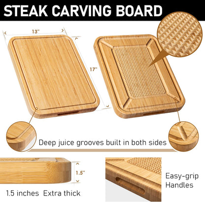 Turkey Carving Board, Heavy Duty Meat Cutting Board for Thanksgiving Bamboo Wood Butcher Block Brisket Cutting Boards with Juice Groove, Pyramid Spikes Stabilizes Steak or Turkey While Carving