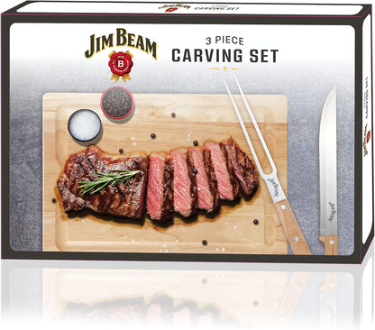 Jim Beam 3-Piece Carving Set, Includes Stainless Steel Knife and Fork with Wood Handles and Wooden Carving Board, Brown