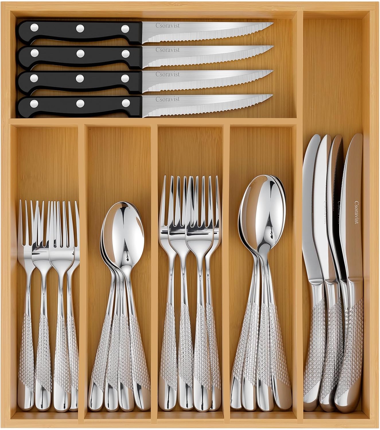 49-Piece Silverware Set with Bamboo Organizer for 8, Heavy-Duty Flatware Set with Steak Knives, Rust-Proof & Mirror Polished, Dishwasher Safe,Modern Hammered(organizer only for packaging)