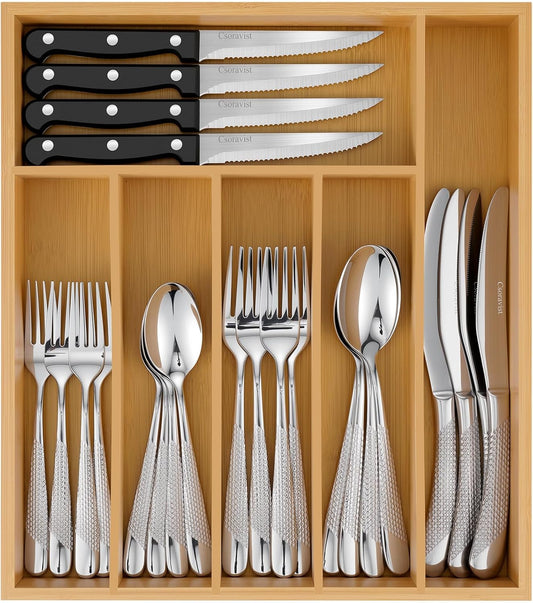 49-Piece Silverware Set with Bamboo Organizer for 8, Heavy-Duty Flatware Set with Steak Knives, Rust-Proof & Mirror Polished, Dishwasher Safe,Modern Hammered(organizer only for packaging)
