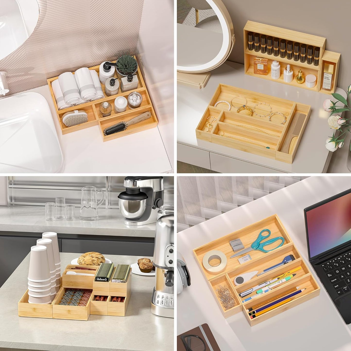 Kitchen Drawer Organizer Bins, Stackable Bamboo Deep Drawer Organizer for Silverware, Utensils, Cutlery, Flatware, Junk Drawer, Dresser, Bathroom, 12" x 3" x 2.5" (Set of 2)