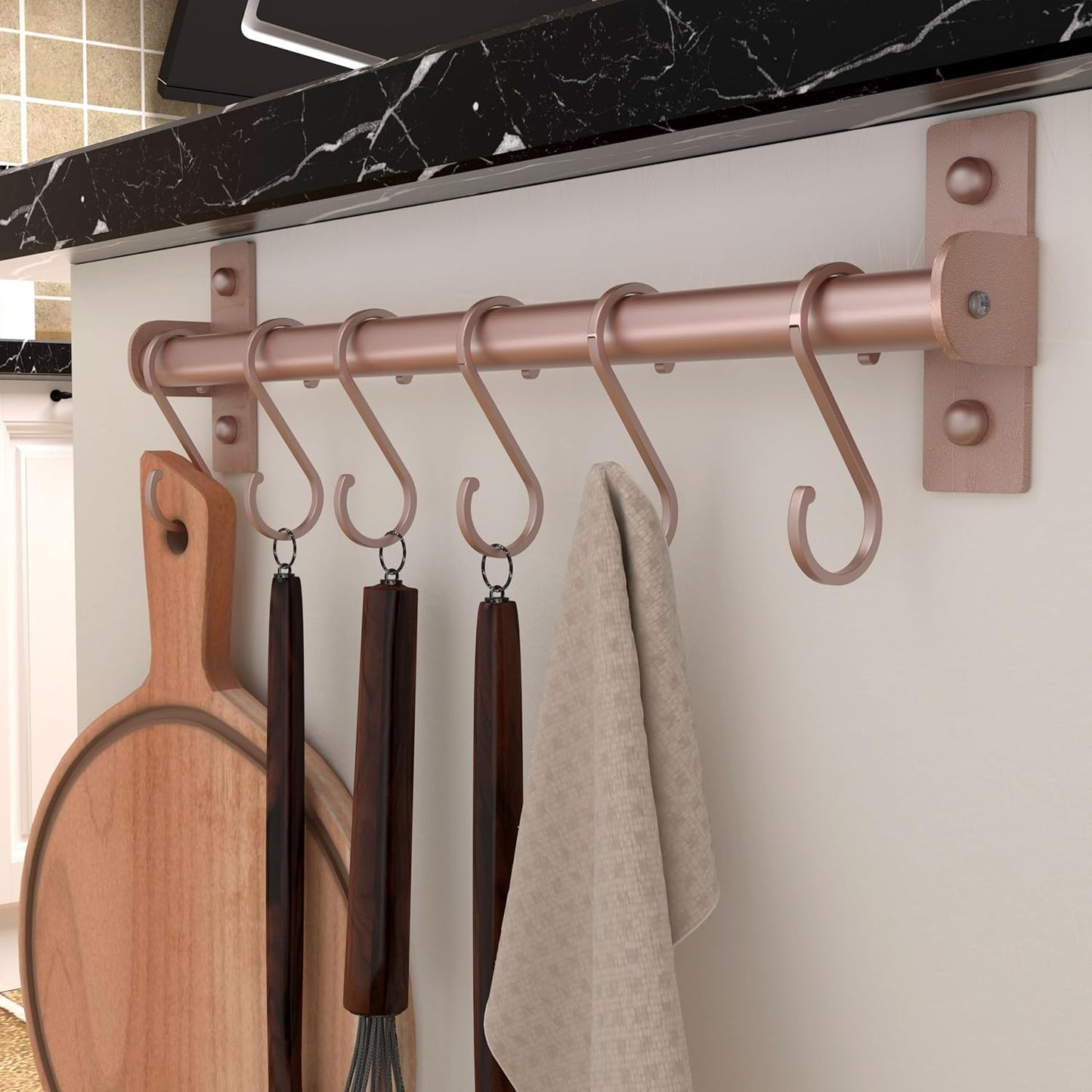 Dseap Kitchen Utensil Holder Hanger, Pot and Pan Rack Wall Mounted, Kitchen Rail with 8 Hooks for Hanging Cooking Utensils, Mugs, Spoons, Wall Mounted, Silver