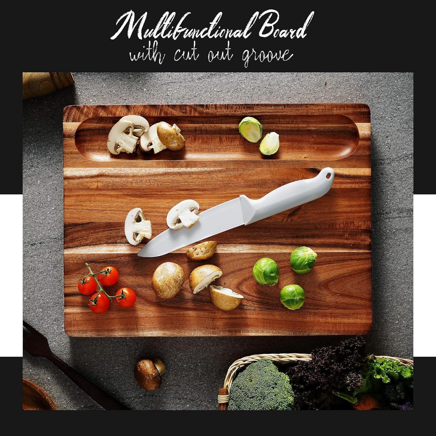Acacia Wood Cutting Board (17x13x1.5in) and Wooden Butcher Block, Chopping Board - Reversible Multipurpose For Meat, Cheese Board, Vegetables, Bread...with Juice Groove, Cracker Holder & Inner Handles