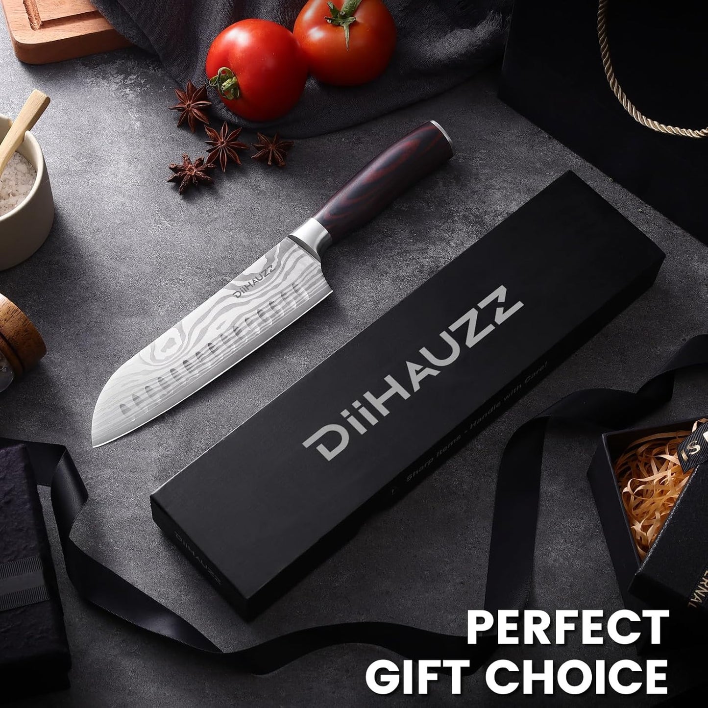 DiiHAUZZ Steak Knives Set of 6, Serrated Steak Knife Set 4.5 Inch, Ultra Sharp Forged High Carbon Stainless Steel Dinner Knife with Ergonomic Pakkawood Handle, Damascus Pattern and Gift Box