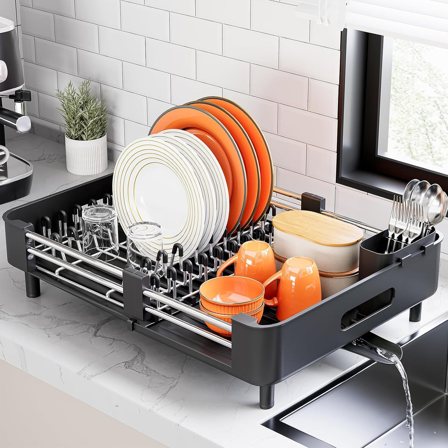 Urackify Stainless Steel Dish Drying Rack - Dish Drainer for Kitchen Counter, Extendable Drainboard with Foldable, Space-Saving Cup & Bowl Organizer, Includes Knife and Utensil Holder, Matte-Green