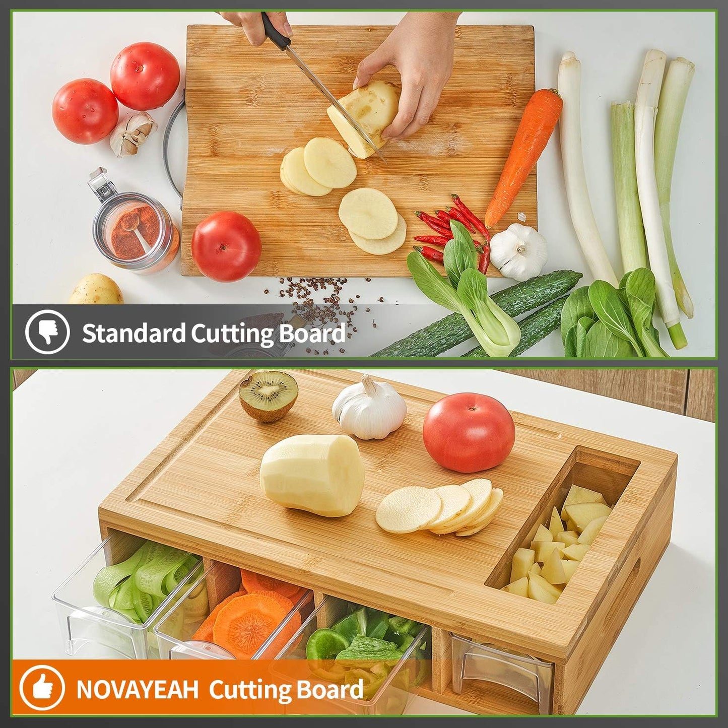 NOVAYEAH Bamboo Cutting Board with 4 Trays, Large Chopping Board with Containers, Juice Grooves, Easy-grip Handles & Food Sliding Opening, Carving Board with Trays for Food Storage