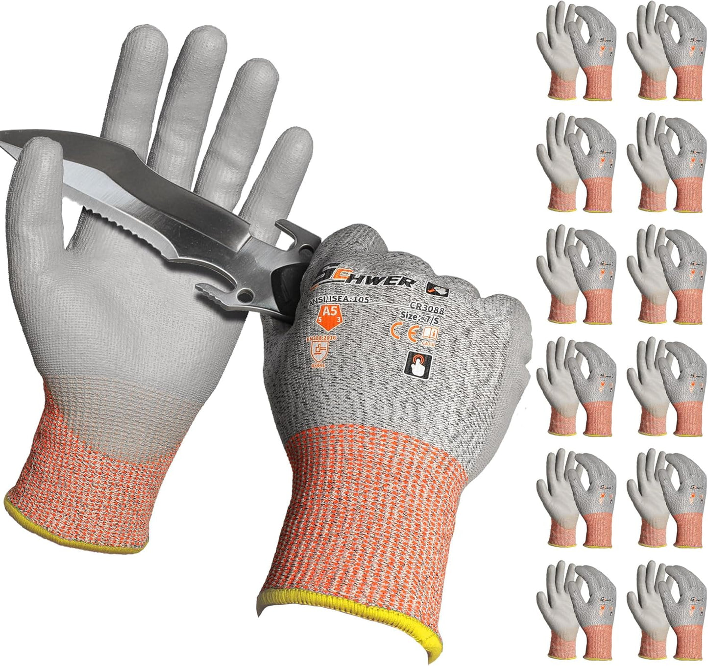 Schwer 12 Pairs ANSI A5 Cut Resistant Work Gloves, Cut Proof Gloves with PU Coating, Used for Metal Fabrication, WoodWorking, Construction, Non Slip, Durable, Non PFAS, L, CR3088