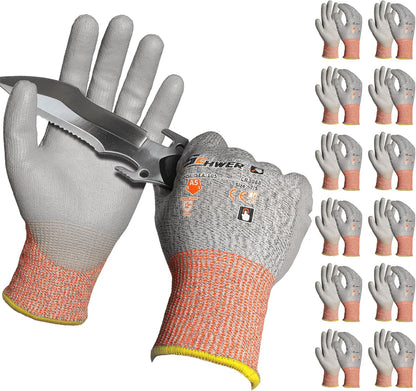 Schwer 12 Pairs ANSI A5 Cut Resistant Work Gloves, Cut Proof Gloves with PU Coating, Used for Metal Fabrication, WoodWorking, Construction, Non Slip, Durable, Non PFAS, L, CR3088