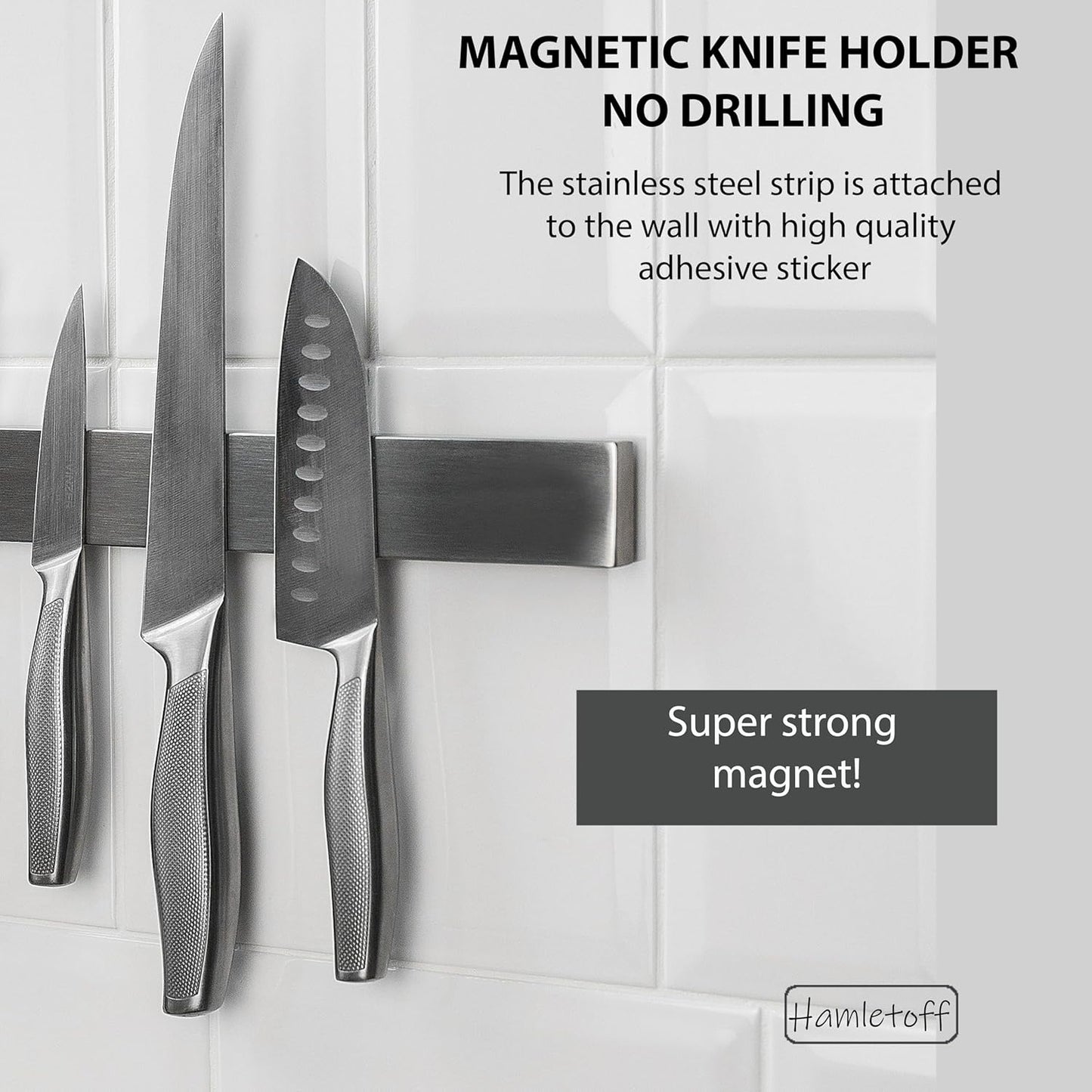 Premium Magnetic Knife Holder for Wall no Drilling – 16 Inch Stainless Steel Magnetic Knife Holder Self Adhesive - Kitchen Magnetic Knife Strip with Adhesive Sticker (Upgraded Adhesive Tape)
