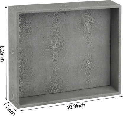 HofferRuffer Faux Leather Vanity Tray, Elegant Desktop Storage Organizer, Decorative Catchall for Perfume, Bathroom Valet, Nightstand or Dresser, 10.2 x 8.4 x 1.8 inches (Grey Stripe)