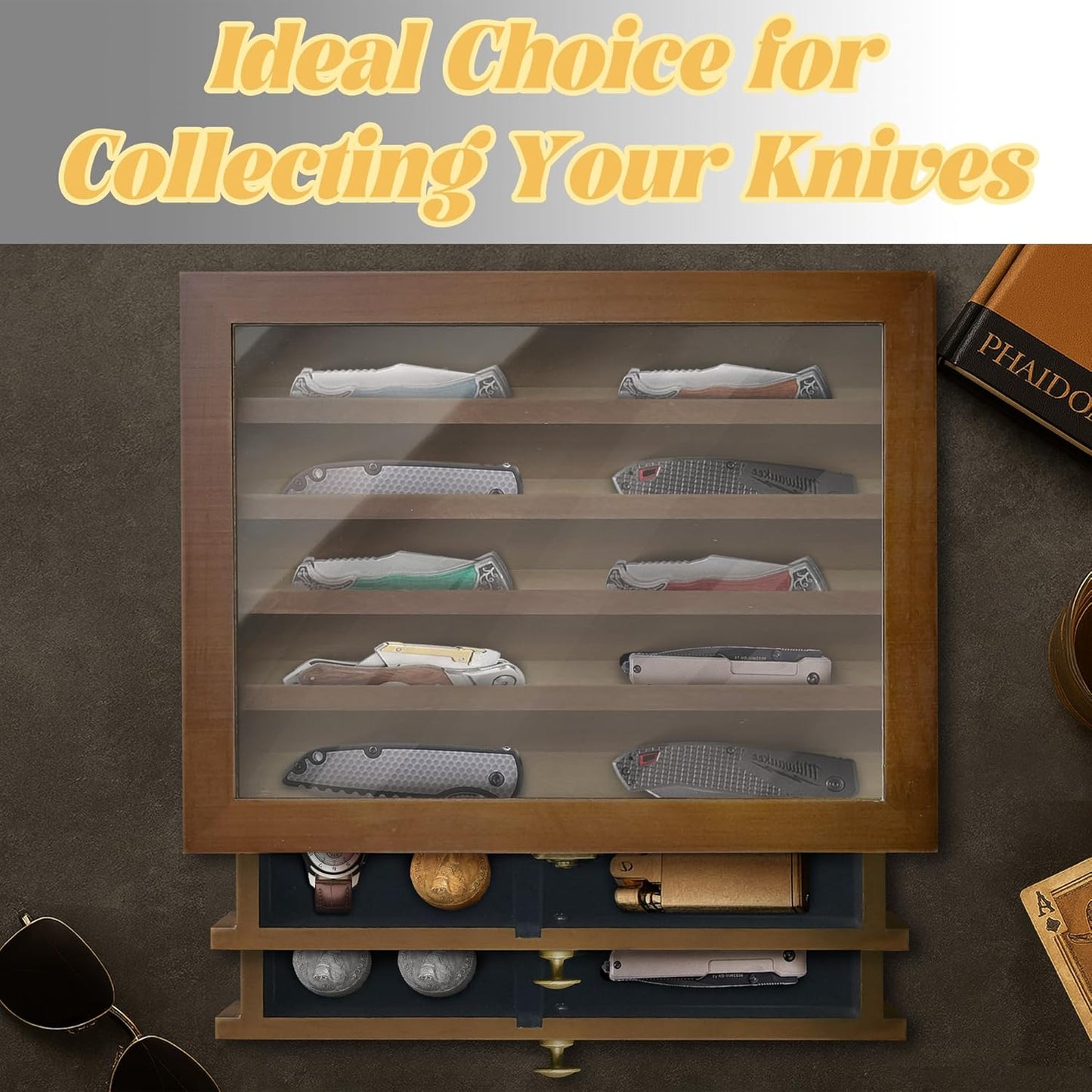 Knife Display Case,2 Layer Pocket Knife Display Case Wood, Knife Collection Display Case with Drawers, Pocket Knife Organizer for Gifts, Black