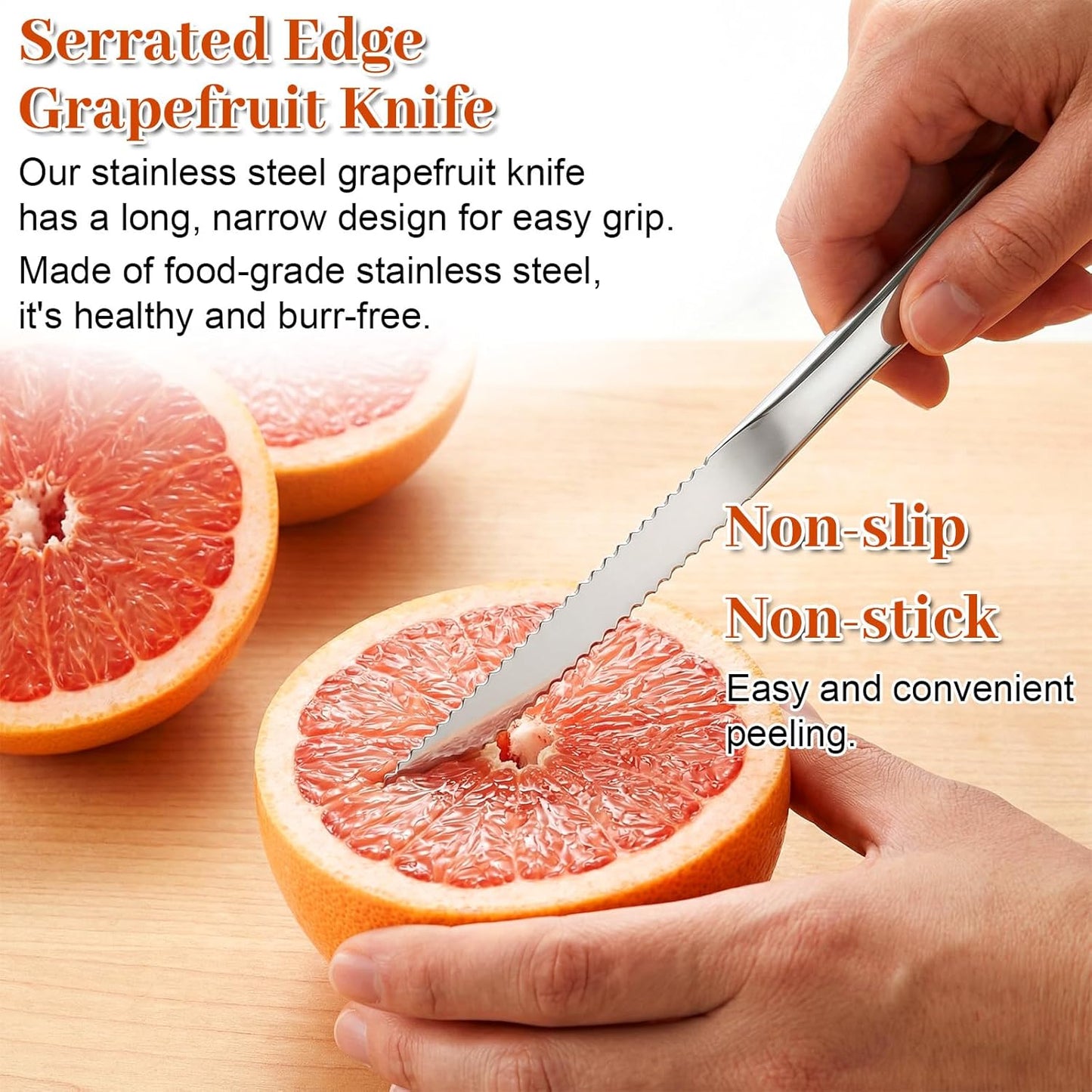 5PCS Grapefruit Spoons & 1 Knife - Stainless Steel Grapefruit Flatware with Serrated Edge, Curved Cutting Silverware Set for Fruit Kiwi Orange, Small Multi-Functional Spoons for Camping Kitchenware