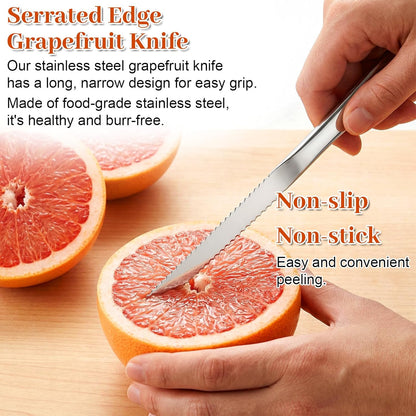 5PCS Grapefruit Spoons & 1 Knife - Stainless Steel Grapefruit Flatware with Serrated Edge, Curved Cutting Silverware Set for Fruit Kiwi Orange, Small Multi-Functional Spoons for Camping Kitchenware