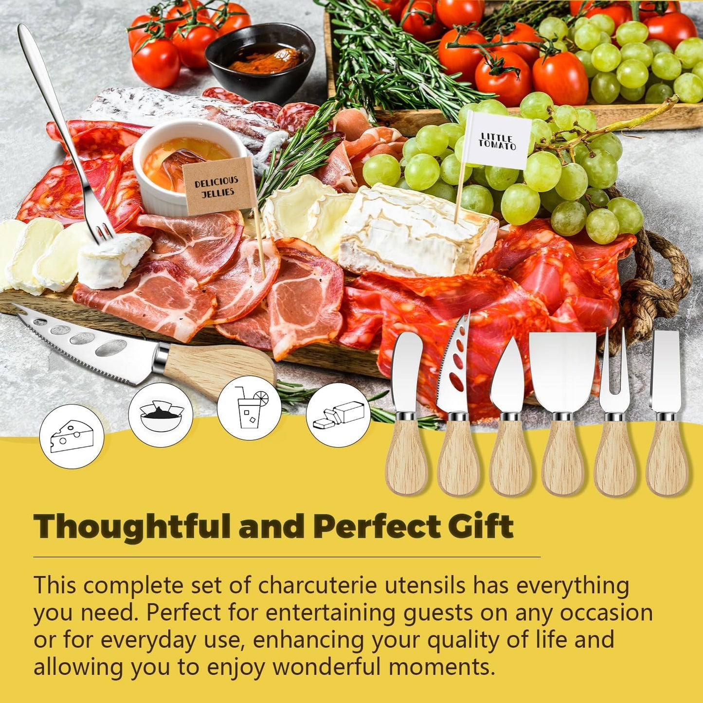Charcuterie Boards Accessories Charcuterie Utensils Cheese Butter Spreader Knife Set Small Serving Tongs Forks and Spoons Dipping Bowls Honey Dippers Toothpick Flags for Party Platter Making