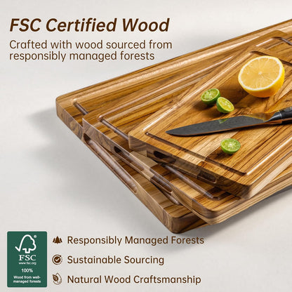 THETCHRY Teak Wood Cutting Boards for Kitchen, Wooden Cutting Board with Handles, Wooden Chopping Board with Juice Groove, Charcuterie Butcher Block for Meal Prep & Serving, 12.9" x 9.8"